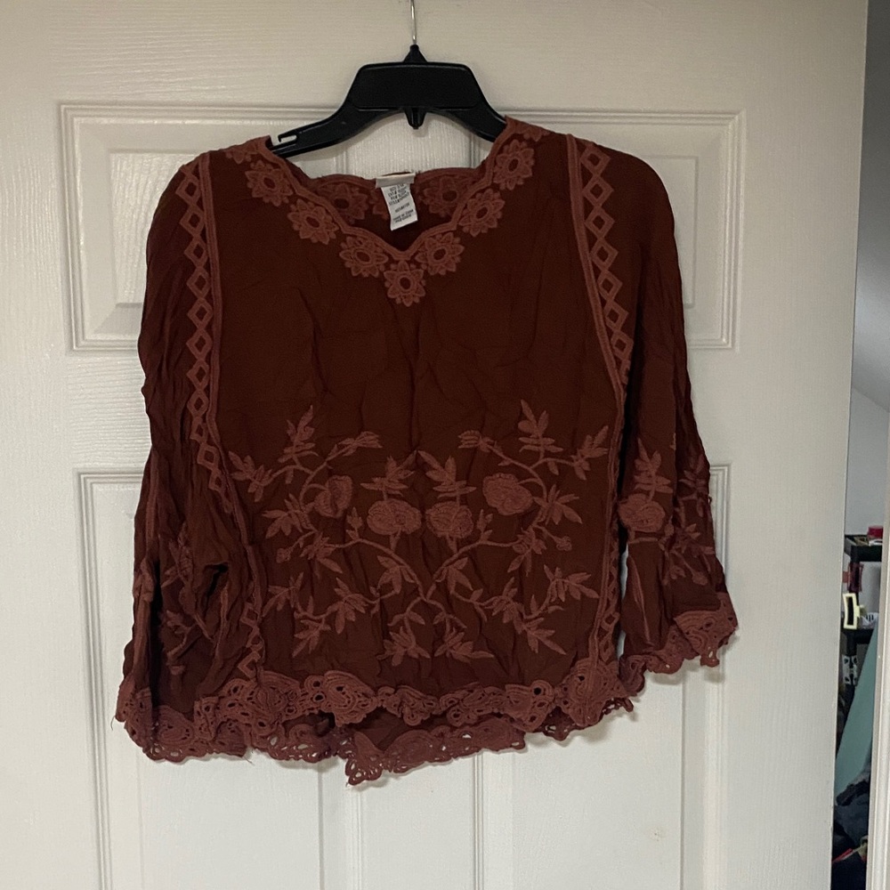 Embroidered Boho Tunic Top - Rust